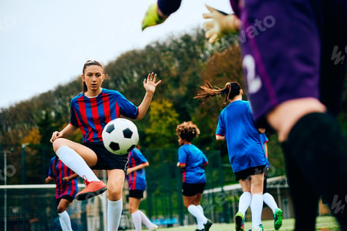 Preview: Female player kicking the ball during soccer training on playing field.