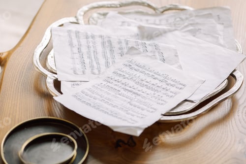 Preview: Music notes pages scattered on wooden table