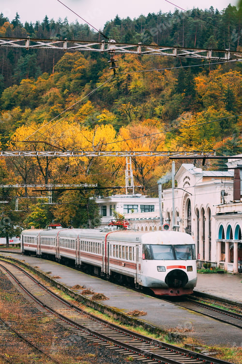 Preview: Borjomi, Samtskhe-Javakheti, Georgia. Suburban Electric Train Near Borjomi Railway Station In Autumn