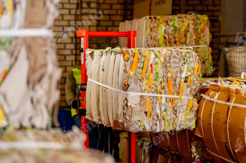 Preview: A worker using a stacker lifts and transports a cargo cardboard box with things for recycling