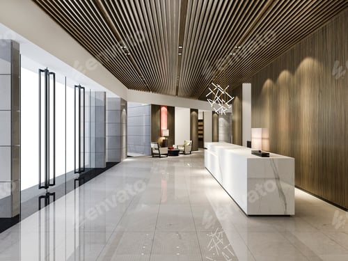 Preview: luxury hotel reception hall and wood asian style office with modern counter