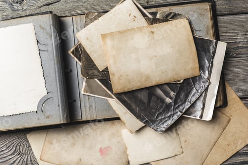 Preview: Old photographs and album on wooden table with various memories inside
