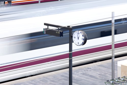Preview: Railway station. Departuring train in movement at exits and arrivals platforms