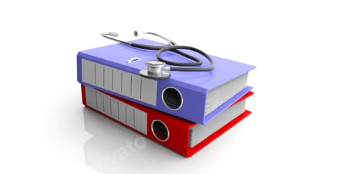 Preview: Medical files and a stethoscope isolated on white background. 3d illustration