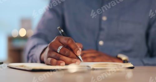 Preview: Writing, notebook and hands of black man in office for administration, schedule and brainstorming.