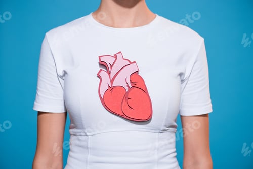 Preview: cropped shot of woman in white tshirt with paper made heart on blue backdrop