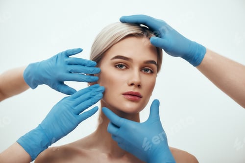 Preview: Beautiful blonde woman waiting for facial surgery while surgeons