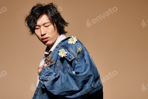 Preview: Stylish asian man showcases spring fashion with floral denim jacket in studio setting