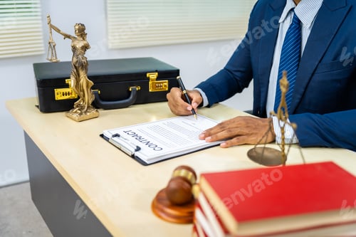 Preview: Male Asian lawyer in formal suit handles contracts, agreements, legal obligations, rights liberties