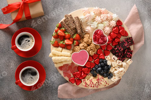 Preview: Charcuterie Valentines Day board with coffee and chocolate sweets.