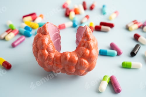 Preview: Thyroid model with pill drug treatment, Hyperthyroidism, Overactive or Lymphoma.