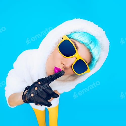 Preview: Guess fashion girl in a white hoodie on a blue background. Winte