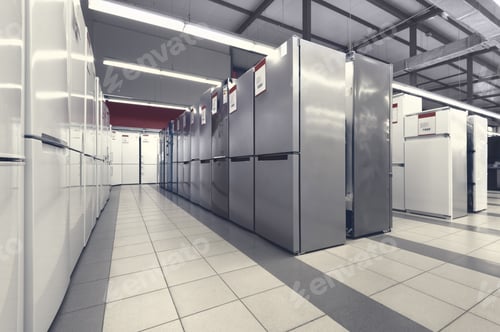 Preview: rows of refrigerators in appliance store