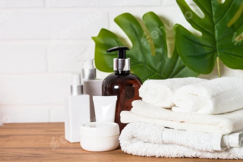 Preview: Bottle of soap and stack of towels in white bathroom.