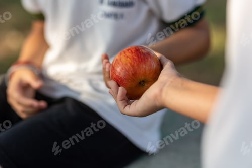 Vista previa: Niña regalando una manzana a un niño en el patio de un colegio. Importancia de la amistad en la infancia