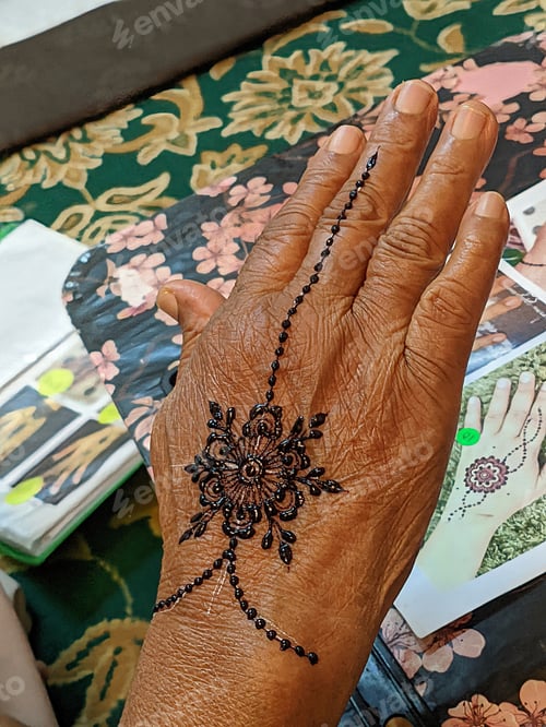 Preview: A hand with intricate henna designs, swirling patterns in reddish-brown, captivating work of art