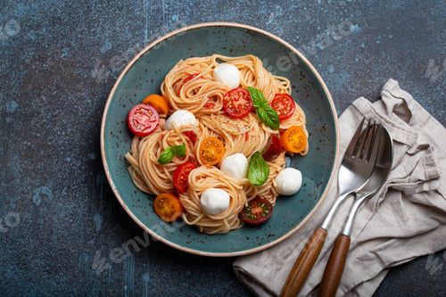 Preview: Spaghetti with mozzarella, colourful cherry tomatoes, fresh basil on ceramic plate