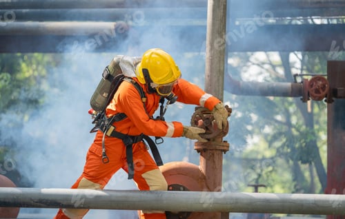 Preview: firefighter in an orange jumpsuit is working on pipe