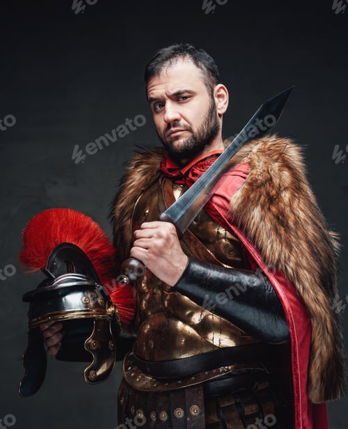 Preview: Imperial soldier holding helmet and short sword