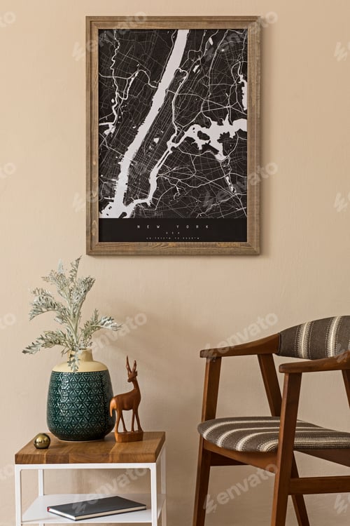 Preview: Modern composition of living room interior with brown mock up poster frame.
