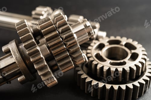 Preview: Gear and cogs wheels, clock mechanism, brass metal engine industrial.
