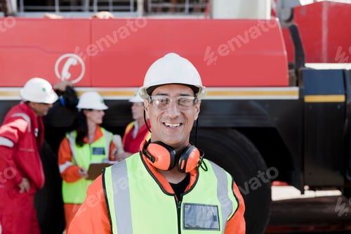 Preview: Smiling worker with colleagues at industrial site.