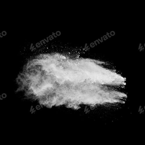 Preview: White powder explosion cloud against black background.White dust particles splash.