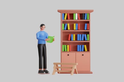 Visualização: Leitor com estante e banquinho