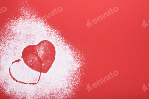 Preview: Heart shape frame made of flour on red background. Happy Valentines day, mothers day. Valentines day