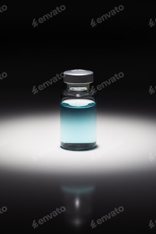 Preview: Medicine Vial With Light Blue Chemical Spot Lit on Reflective Background
