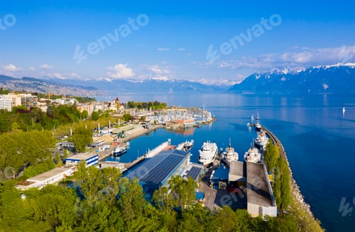 Preview: Aerial view of Leman lake - Lausanne city in Switzerland
