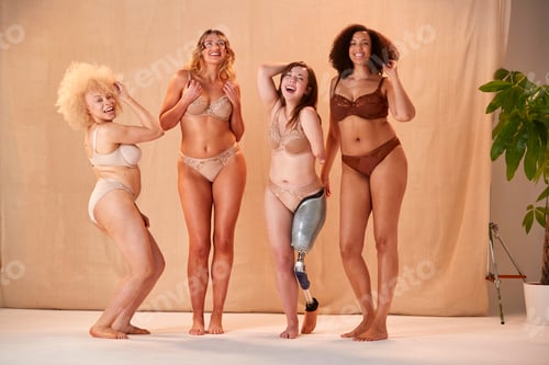 Preview: Group Of Diverse Women Friends One With Prosthetic Limb In Underwear Promoting Body Positivity