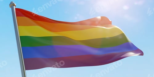 Preview: Rainbow color pride flag waving on blue sky background, sunny day.