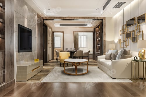 Preview: 3d rendering loft luxury living room with shelf near dining table