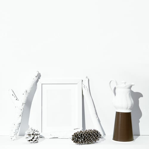 Preview: Still life mock-up composition white minimal frame and winter decor. Winter season concept