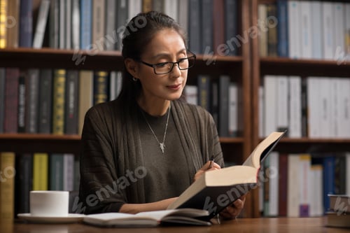 Preview: Elegant mature Chinese woman reading book in study