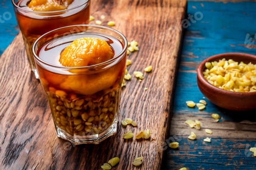 Preview: Mote con huesillo. Traditional Chilean drink made from cooked husked wheat and dried peach