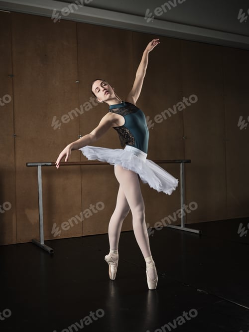 Preview: Graceful slim ballerina standing on tiptoes in pointe shoes