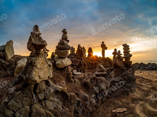 Preview: Zen stacked stones at the beach
