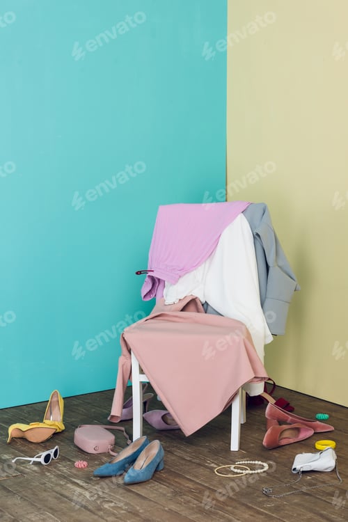 Preview: messy room with elegant clothes and shoes on chair