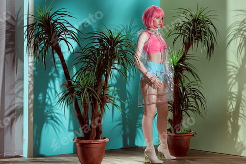 Preview: beautiful female model in pink wig and transparent raincoat posing in studio