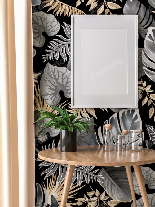 Preview: The living room is decorated with furniture, small plant pots and picture frames.