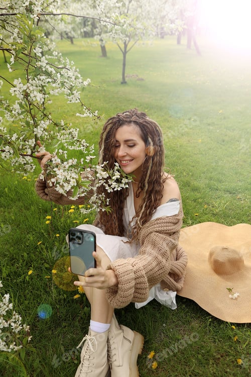 Preview: in a blooming garden, a beautiful girl takes a selfie on the phone