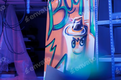 Preview: Abandoned illuminated deserted space with graffiti art
