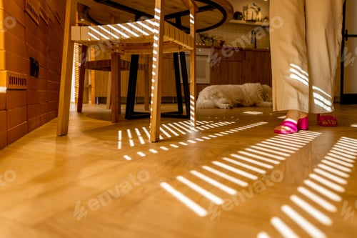 Preview: Woman walking on wooden parquet, close-up