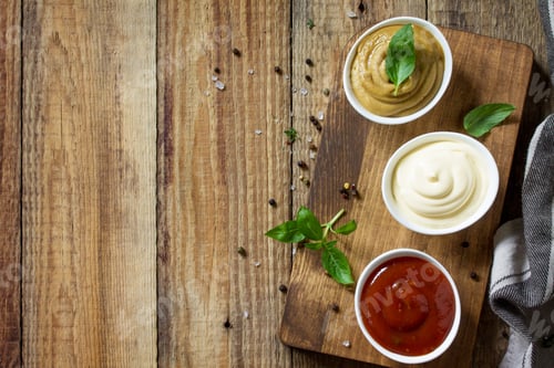 Preview: Set of sauces - ketchup, mayonnaise and mustard sauce on a wooden table.