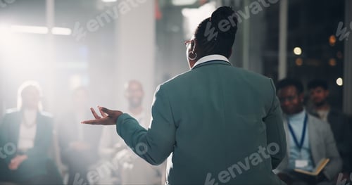 Preview: Back, speaker and woman with presentation for crowd speech, workshop and coaching conference on sta