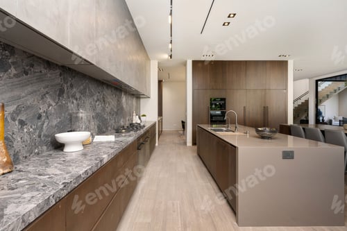 Preview: Modern kitchen with marble countertops and wooden cabinets