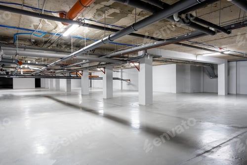 Preview: Empty underground parking lot with industrial features and bright lights during the day