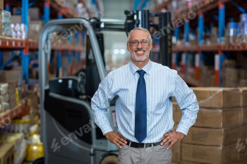 Preview: Senior manager standing with hands on hips in warehouse, with forklift, racks and cardboard boxes